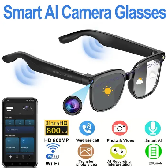AI Smart Glasses with 8MP Camera, 4K HD Video Recording Glasses Real Time Translation AI Voice Assistant Object Recognition Replaceable Sunglasses Lenses Photochromic