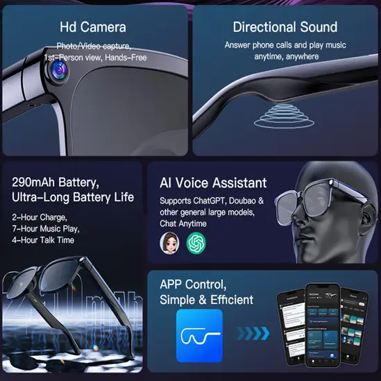 AI Smart Glasses with 8MP Camera, 4K HD Video Recording Glasses Real Time Translation AI Voice Assistant Object Recognition Replaceable Sunglasses Lenses Photochromic